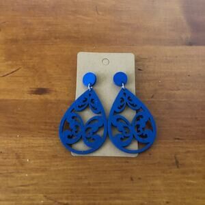 Bohemian Lightweight Wooden Filigree Laser Cut Tear Drop Dark Blue Earrings
